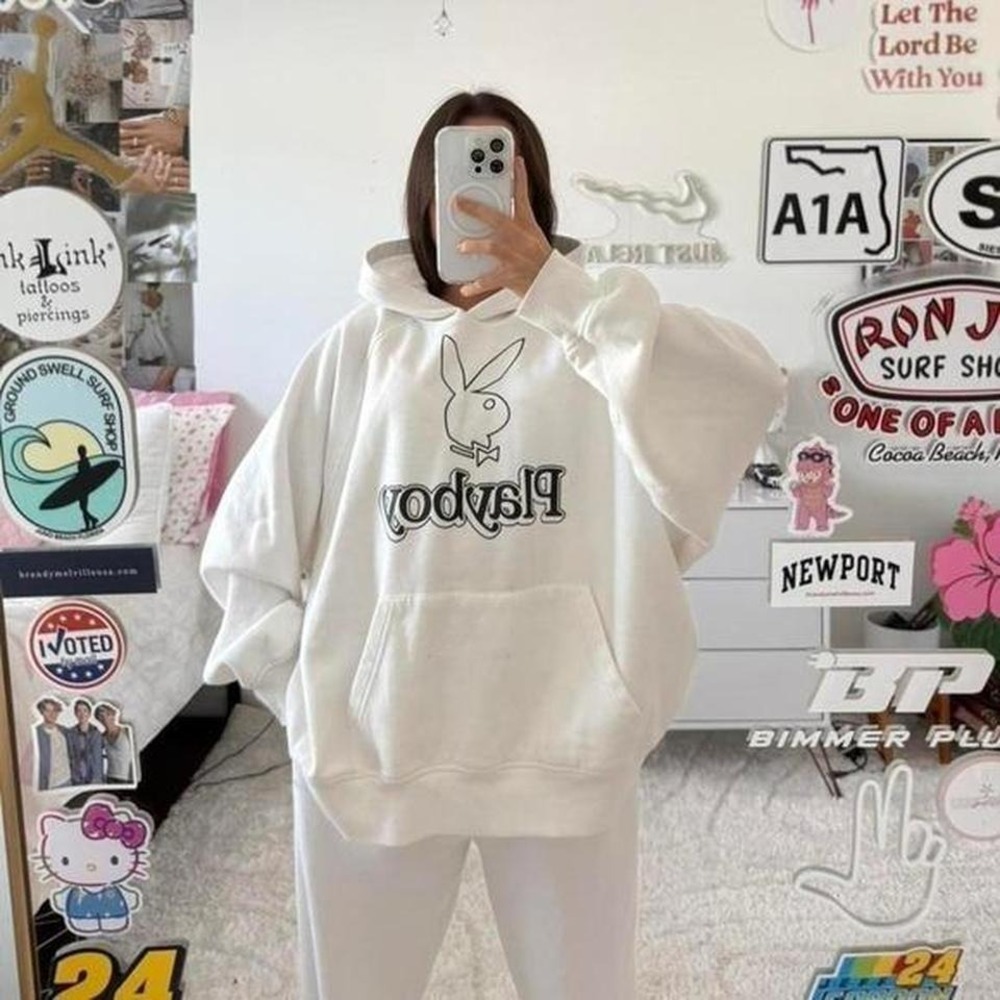 white playboy bunny pacsun‎ soft oversized hoodie